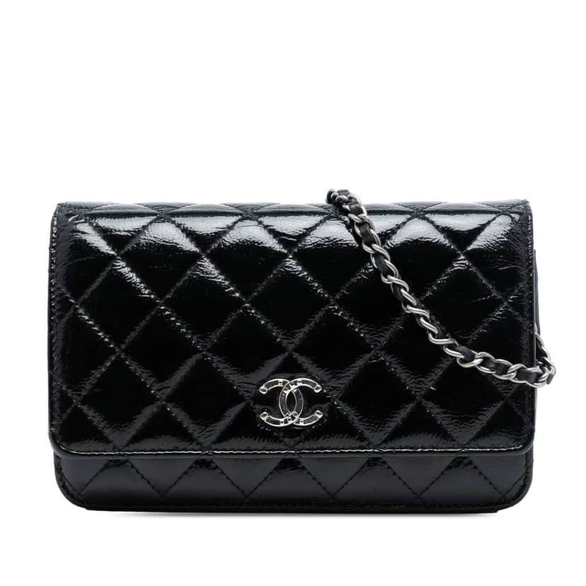 Chanel CC Quilted Patent Wallet On Chain Black Leather Good condition - Front View