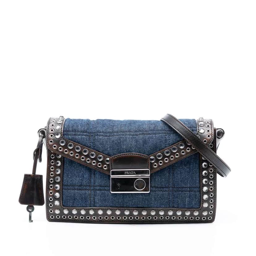 Prada Studded Denim Sound Lock Crossbody Blue Denim Very good condition - Front View
