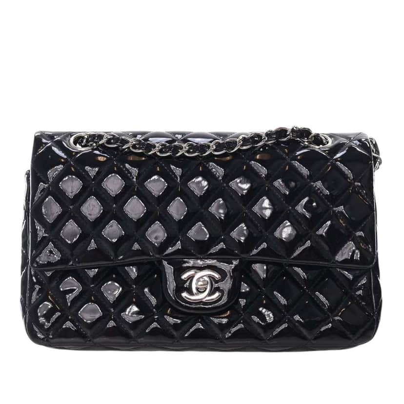 Chanel Medium Classic Patent Double Flap Black Leather Good condition - Front View