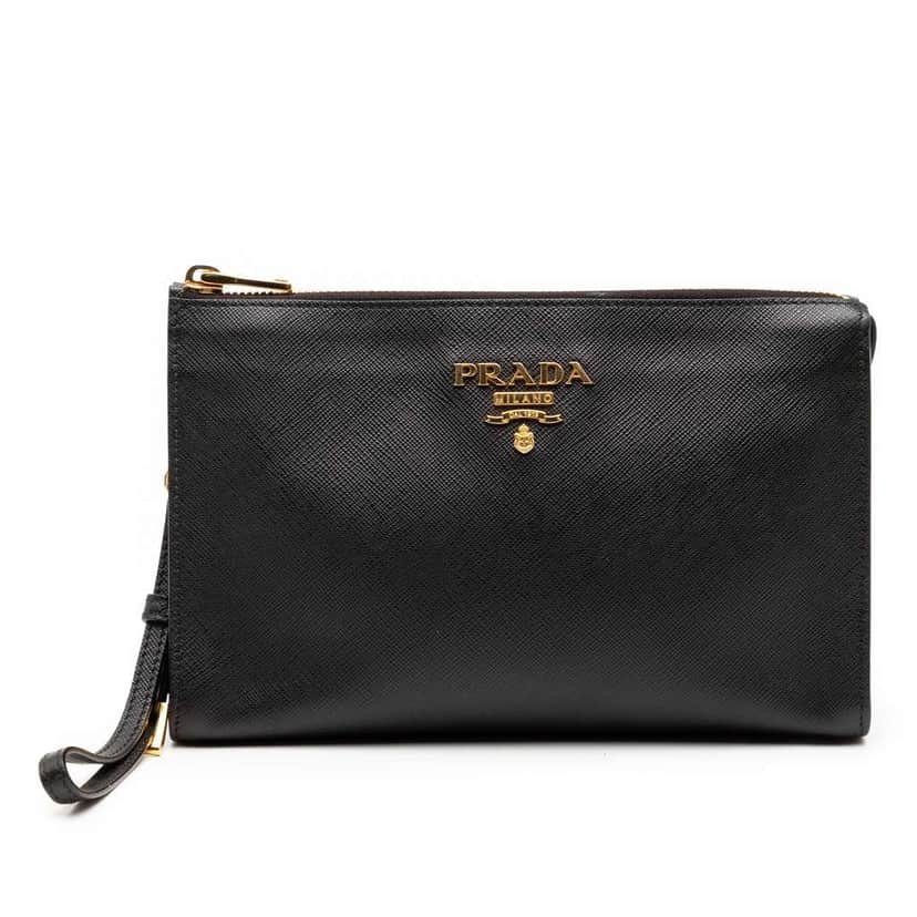 Prada Saffiano Wristlet Pouch Black Leather Good condition - Front View