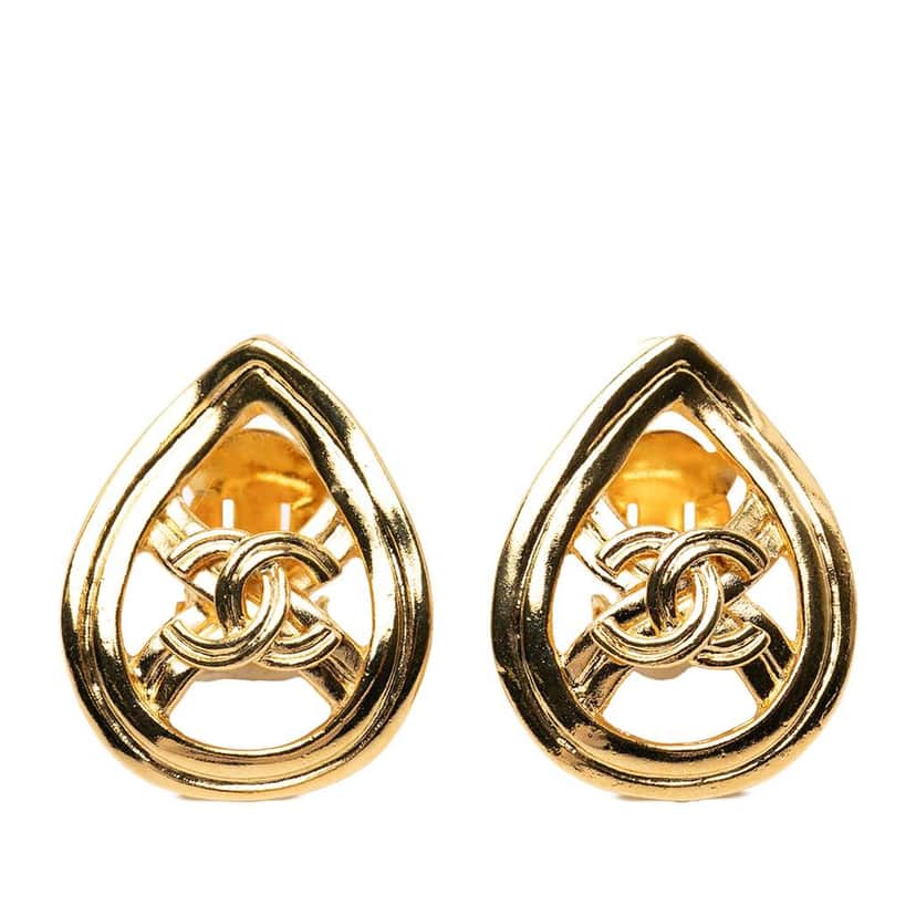 Chanel Gold Plated CC Teardrop Clip On Earrings Gold Metal Very good condition - Front View