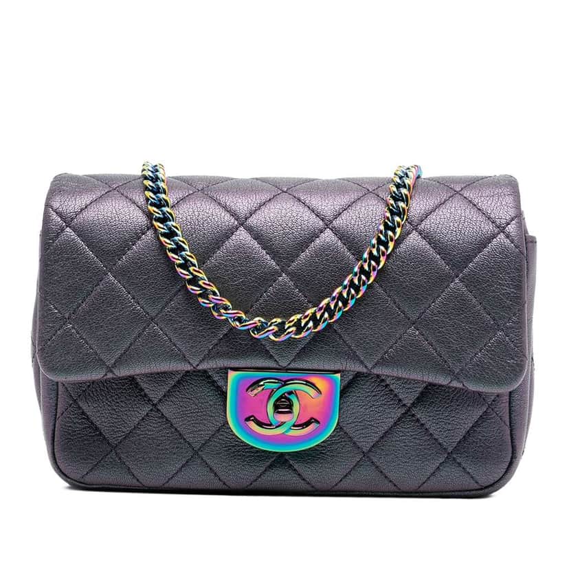 Chanel Small Iridescent Goatskin Rainbow Hardware Double Carry Waist Chain Flap Purple Leather Good condition - Front View