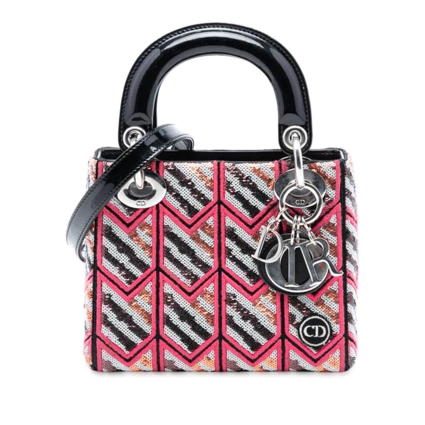 Dior Mini Patent Sequined Lady Dior Pink Leather Very good condition - Front View