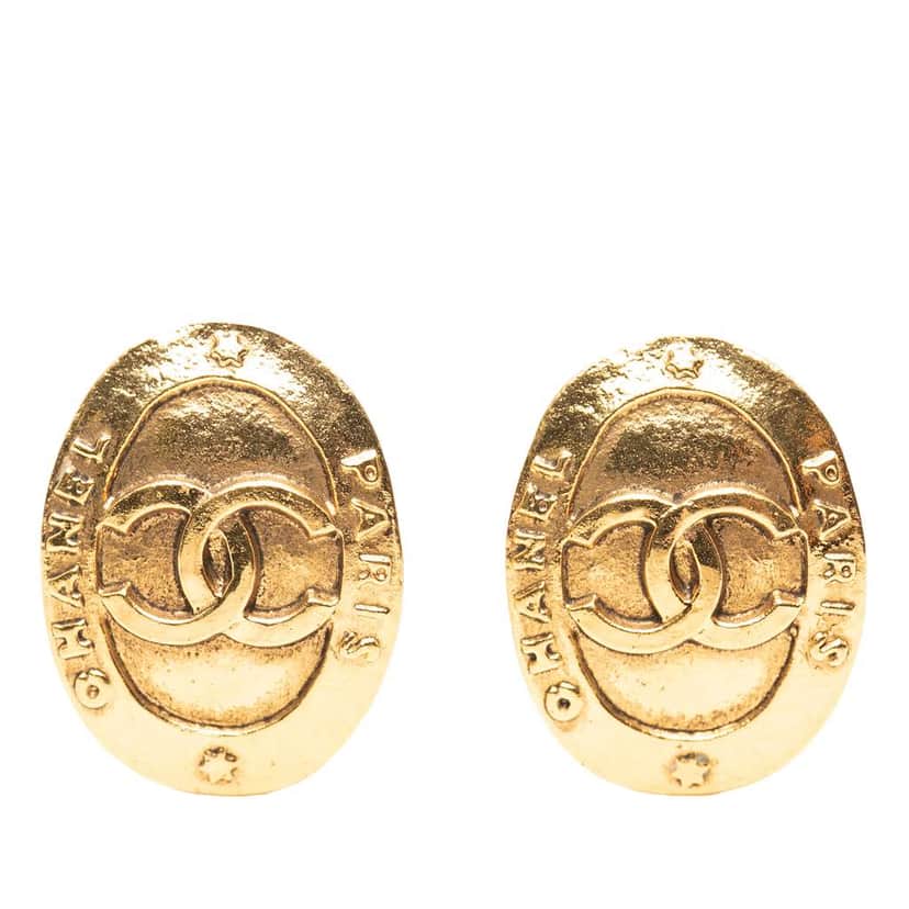 Chanel CC Gold Plated Logo Oval Clip On Earrings Gold Metal Very good condition - Front View