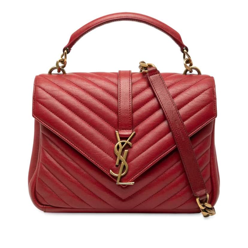 Saint Laurent Medium Quilted Chevron Sheepskin College Satchel Red Leather Good condition - Front View