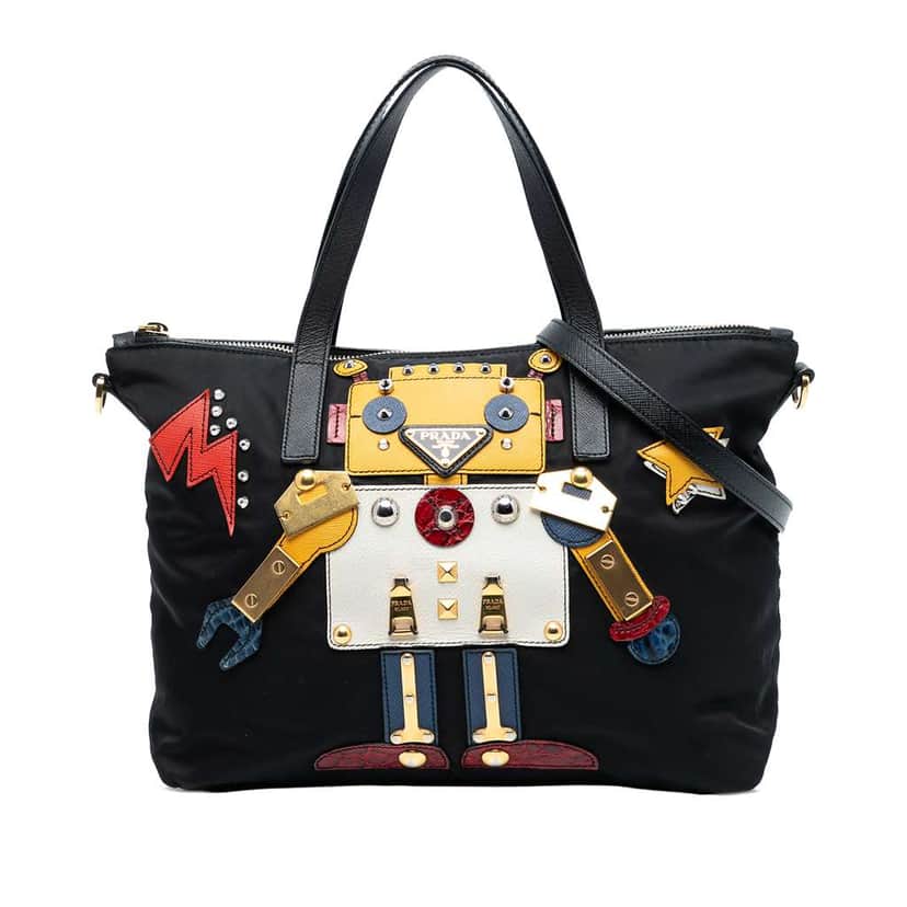 Prada Saffiano Trimmed Tessuto Robot Convertible Tote Black Good condition - Front View