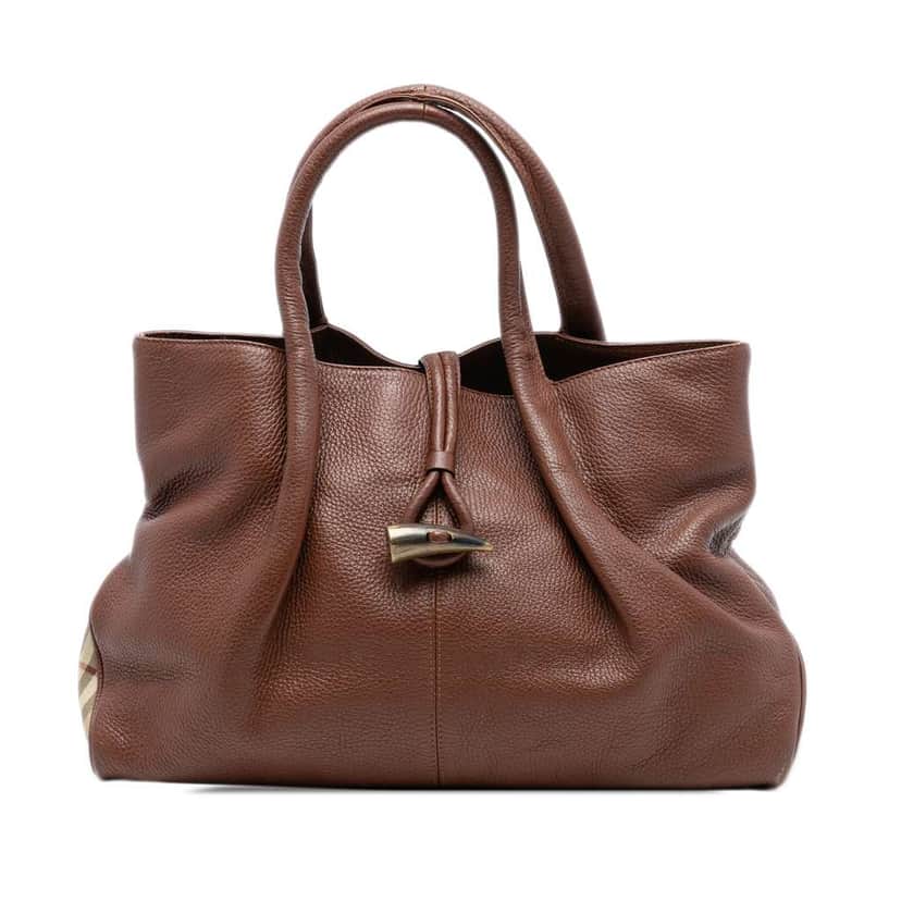 Burberry Medium House Check Trimmed Leather Horn Toggle Tote Brown Leather Good condition - Front View