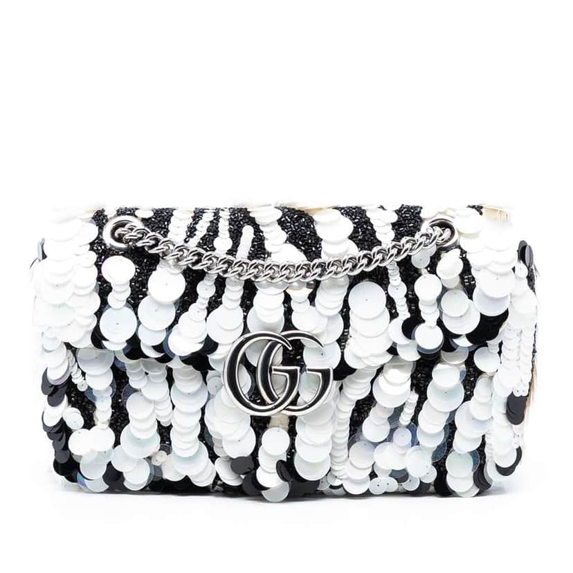 Gucci Medium GG Marmont Sequin Embellished Leather Shoulder Bag White Leather Very good condition - Front View