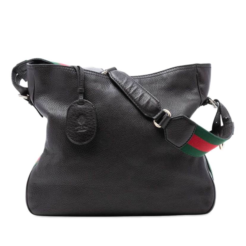 Gucci Medium Pebbled Calfskin Web Heritage Shoulder Bag Brown Leather Good condition - Front View