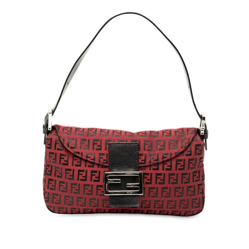 Fendi Zucchino Canvas Double Flap Shoulder Bag Red Canvas Good condition - Front View