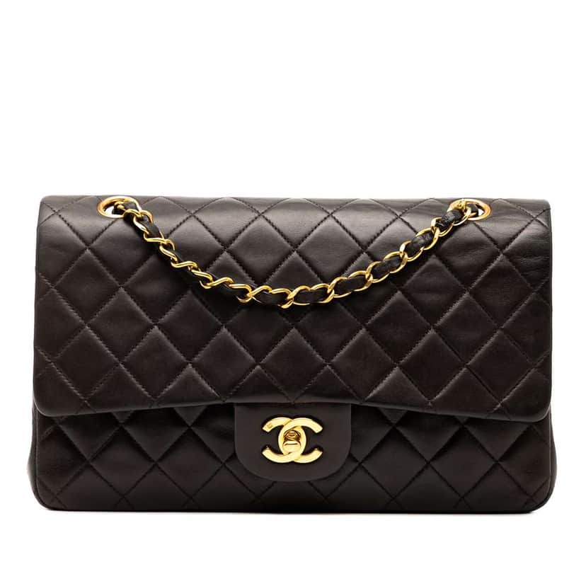 Chanel Medium Classic Lambskin Double Flap Black Leather Good condition - Front View