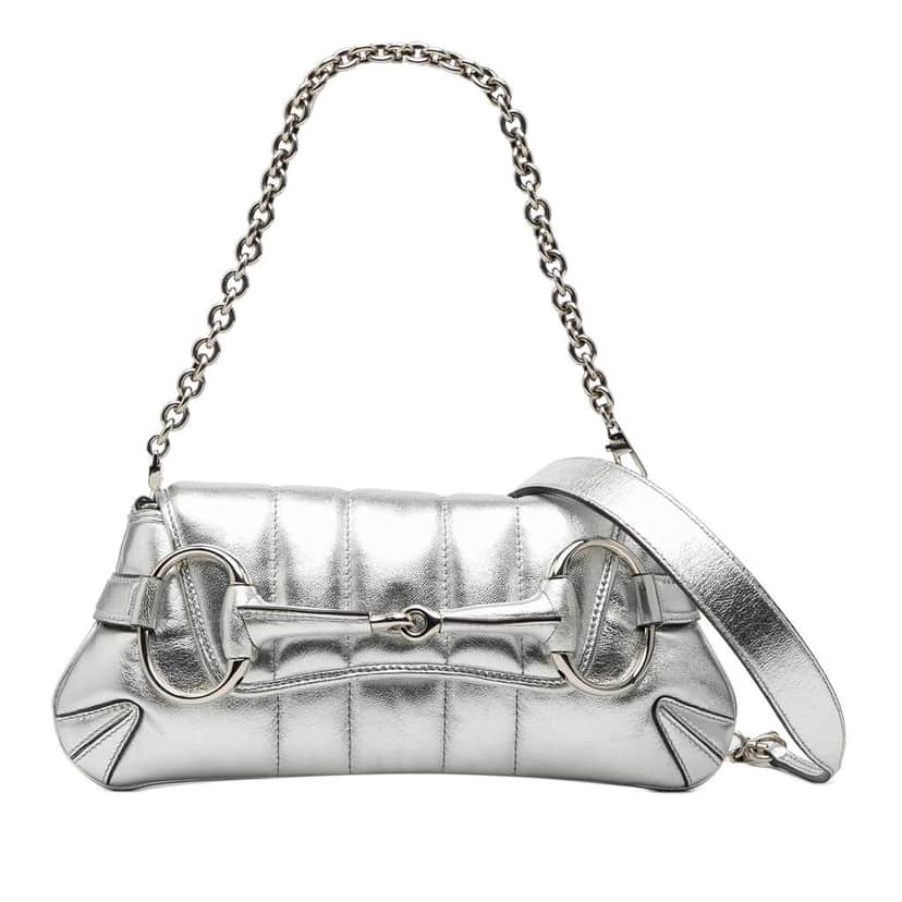 Gucci Small Metallic Quilted Leather Horsebit Chain Satchel Silver Leather Good condition - Front View
