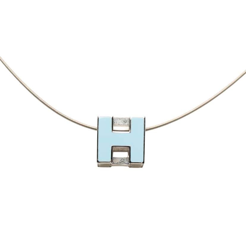 Hermès Palladium Plated Enamel Cage D H Pendant Necklace Blue Good condition - Front View