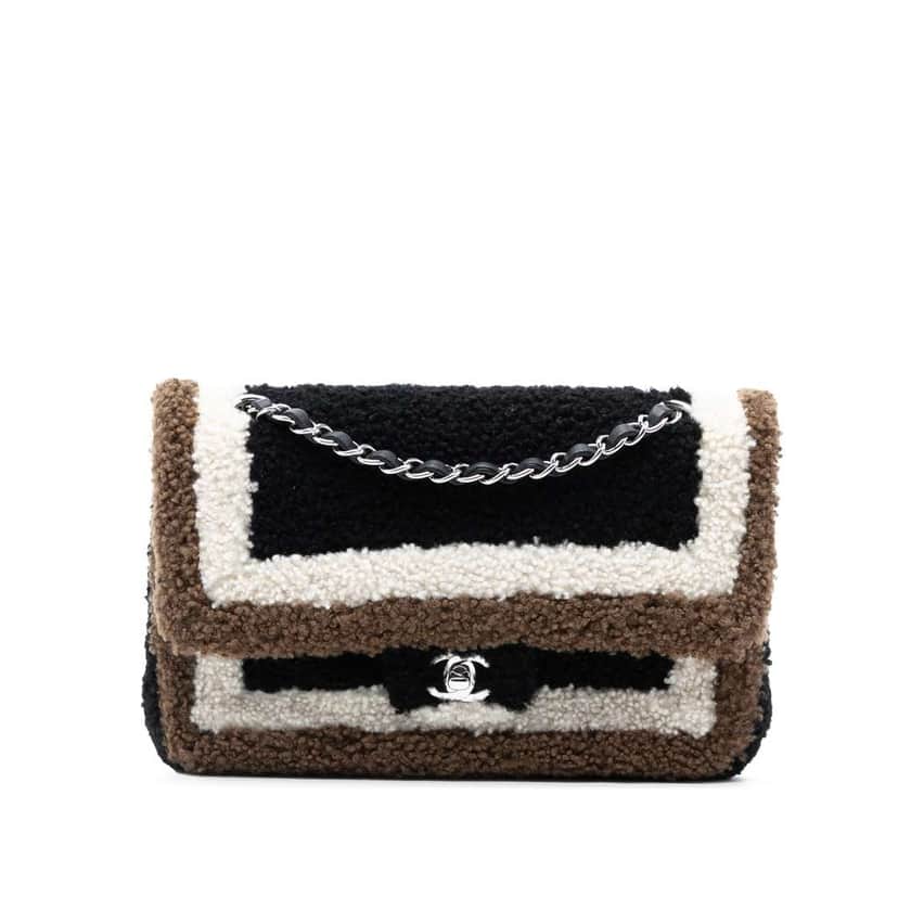 Chanel Medium Classic Tricolor Shearling Double Flap Black Very good condition - Front View