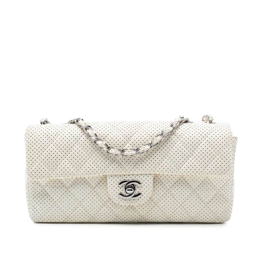 Chanel Classic Perforated Lambskin East West Flap White Leather Good condition - Front View