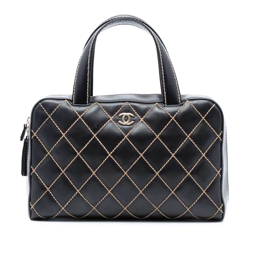 Chanel CC Lambskin Wild Stitch Handbag Black Leather Good condition - Front View