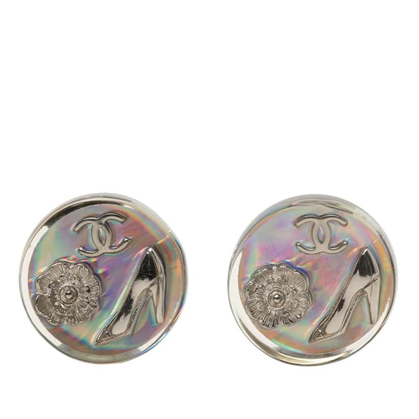 Chanel CC Resin Holographic Camellia Round Clip On Earrings Silver Very good condition - Front View