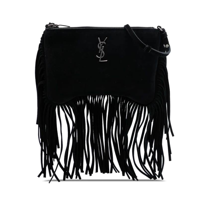 Saint Laurent Suede Monogram Fringe Crossbody Black Leather Good condition - Front View