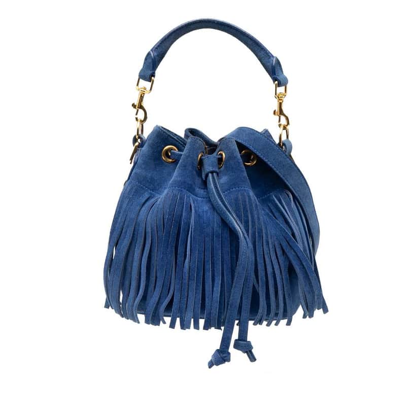 Saint Laurent Small Suede Emmanuelle Fringe Bucket Bag Blue Leather Good condition - Front View
