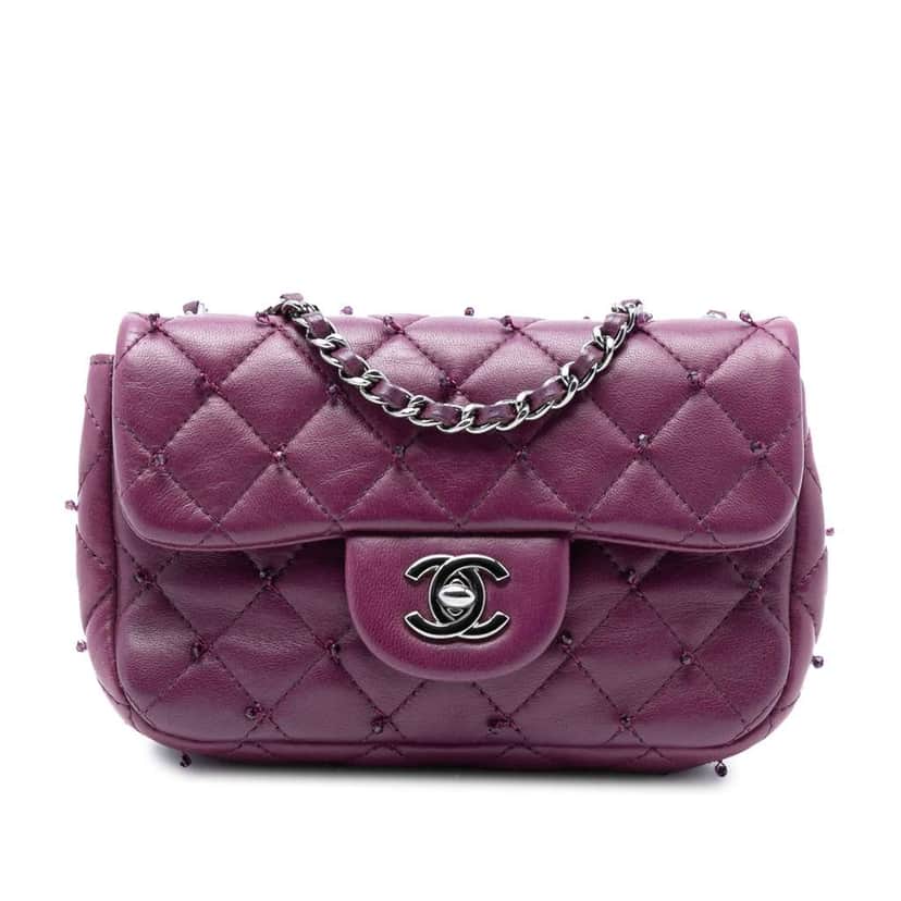 Chanel Extra Mini Rectangular Lambskin Beaded Single Flap Purple Leather Good condition - Front View