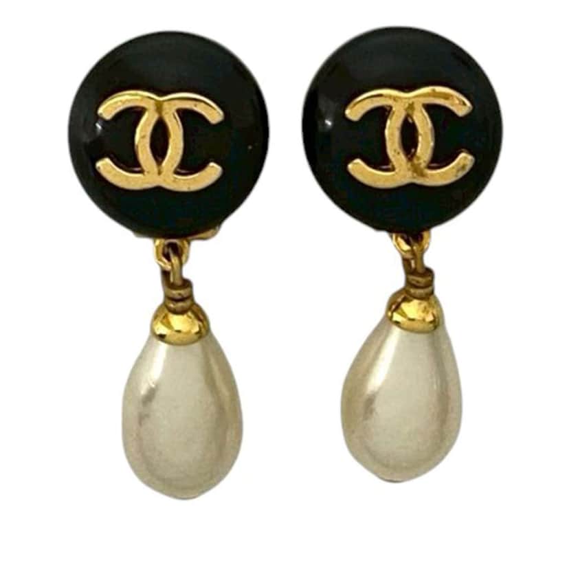 Chanel CC Gold Plated Faux Pearl and Resin Drop Earrings Gold Metal Good condition - Front View