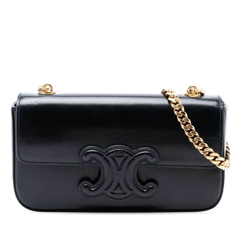Celine Smooth Calfskin Cuir Triomphe Chain Shoulder Bag Black Leather Very good condition - Front View