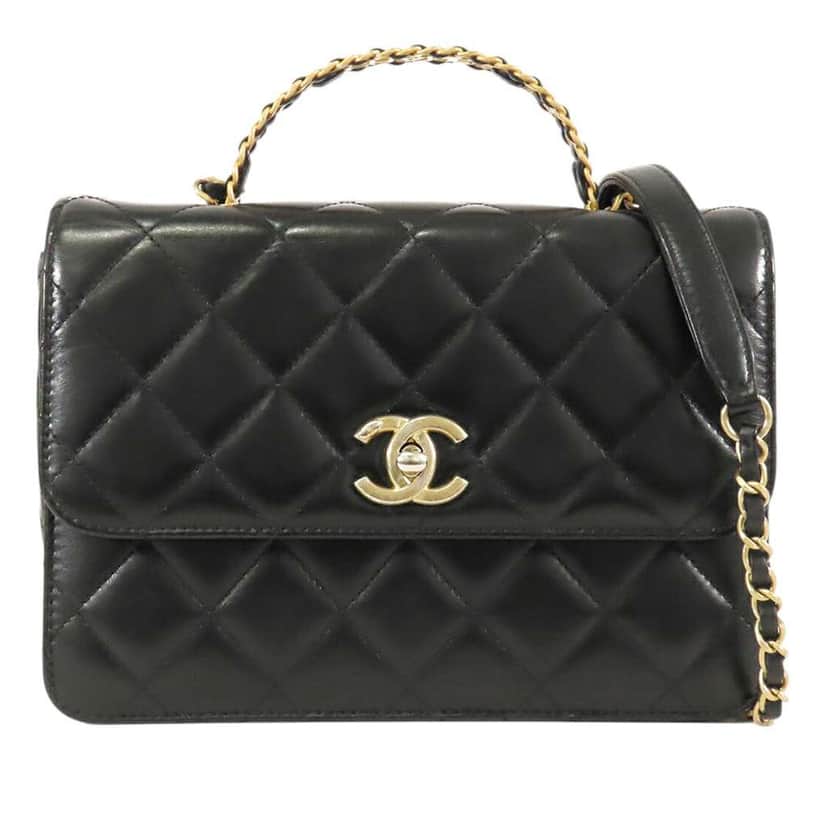 Chanel Small Quilted Shiny Calfskin Metal Chain Top Handle Bag Black Leather Good condition - Front View