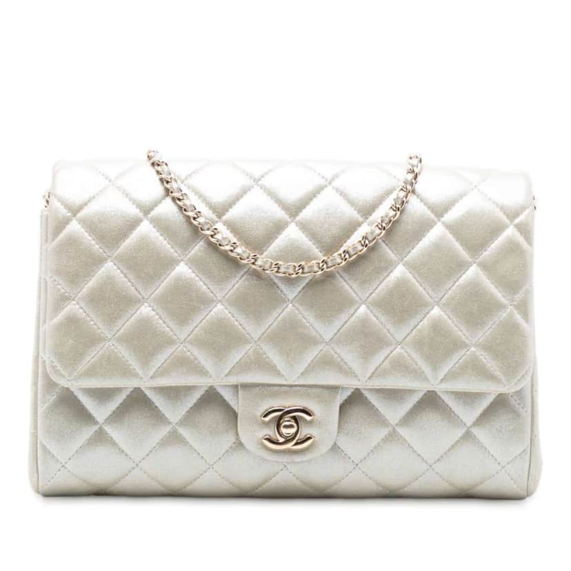 Chanel CC Quilted Metallic Lambskin Flap Clutch on Chain Gold Leather Good condition - Front View