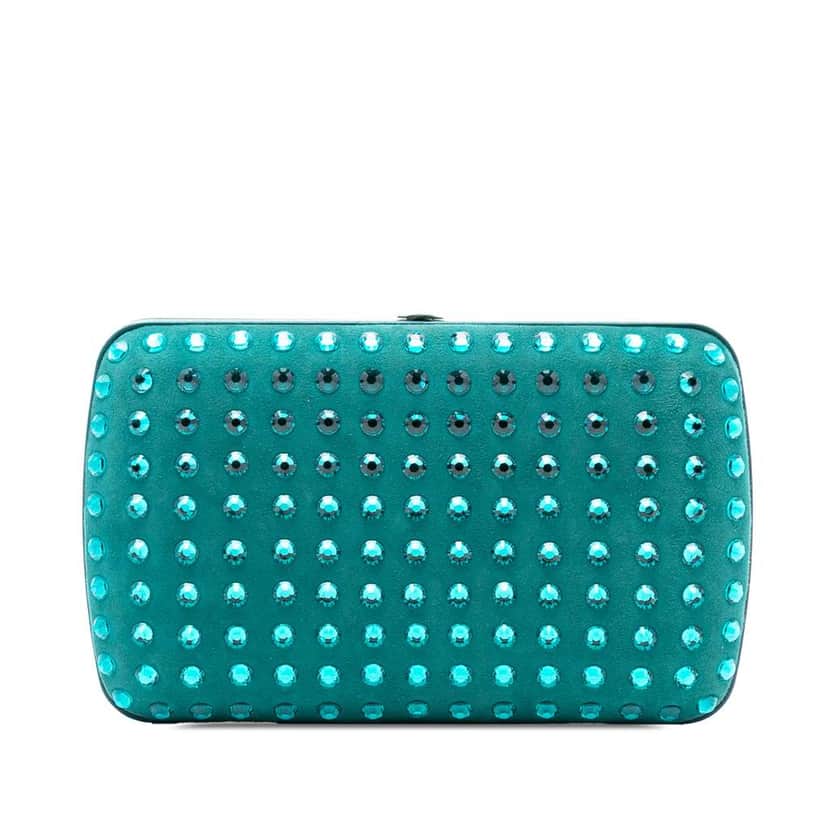 Gucci Suede Crystal Embellished Interlocking G Broadway Clutch Blue Leather Very good condition - Front View