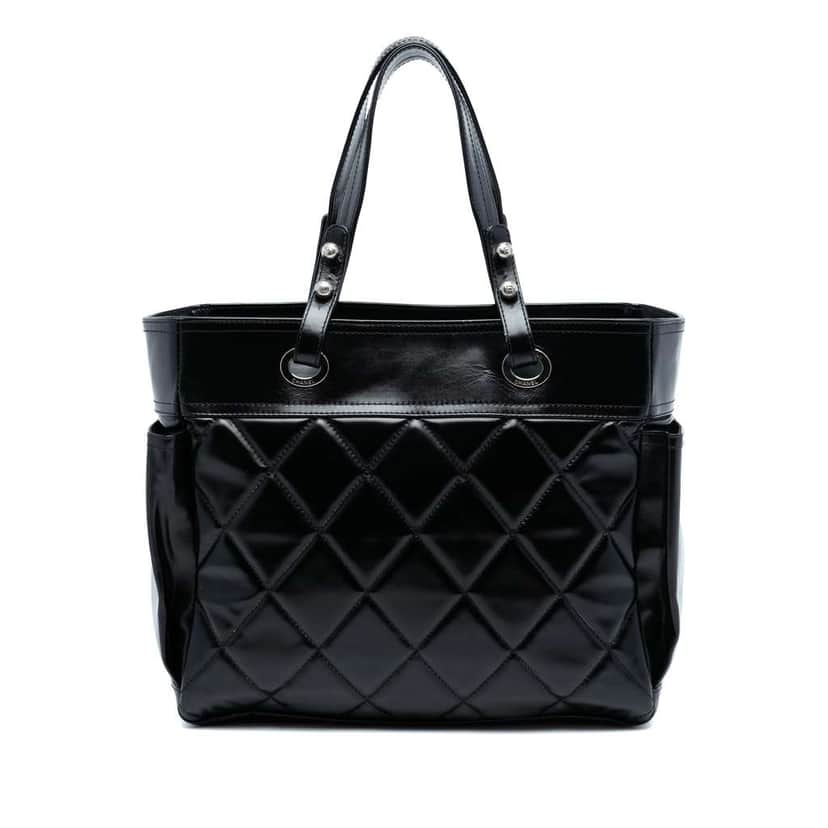 Chanel Large Quilted Shiny Calfskin Paris Biarritz Tote Black Leather Good condition - Front View