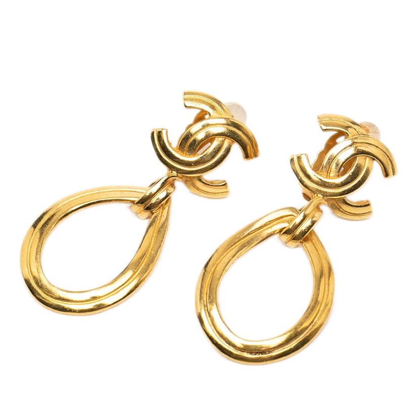 Chanel CC Gold Plated Teardrop Dangle Hoop Clip On Earrings Gold Metal Very good condition - Front View