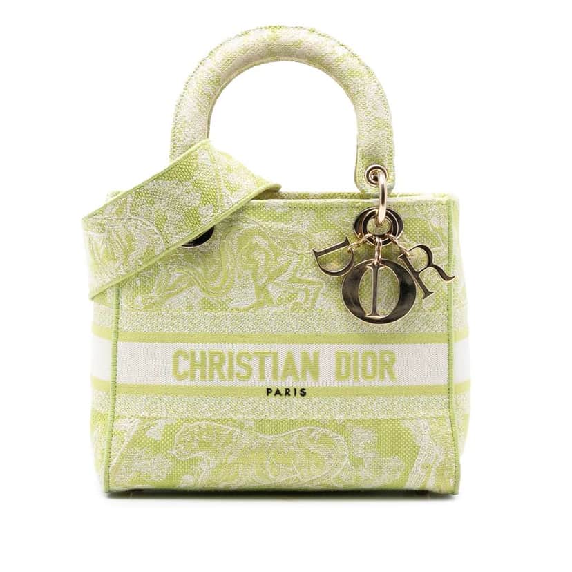 Dior Medium Embroidered Canvas Toile de Jouy Lady D Lite Green Canvas Very good condition - Front View