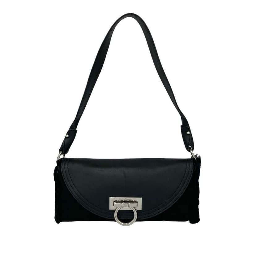 Salvatore Ferragamo Suede and Calfskin Gancini Shoulder Bag Black Leather Good condition - Front View