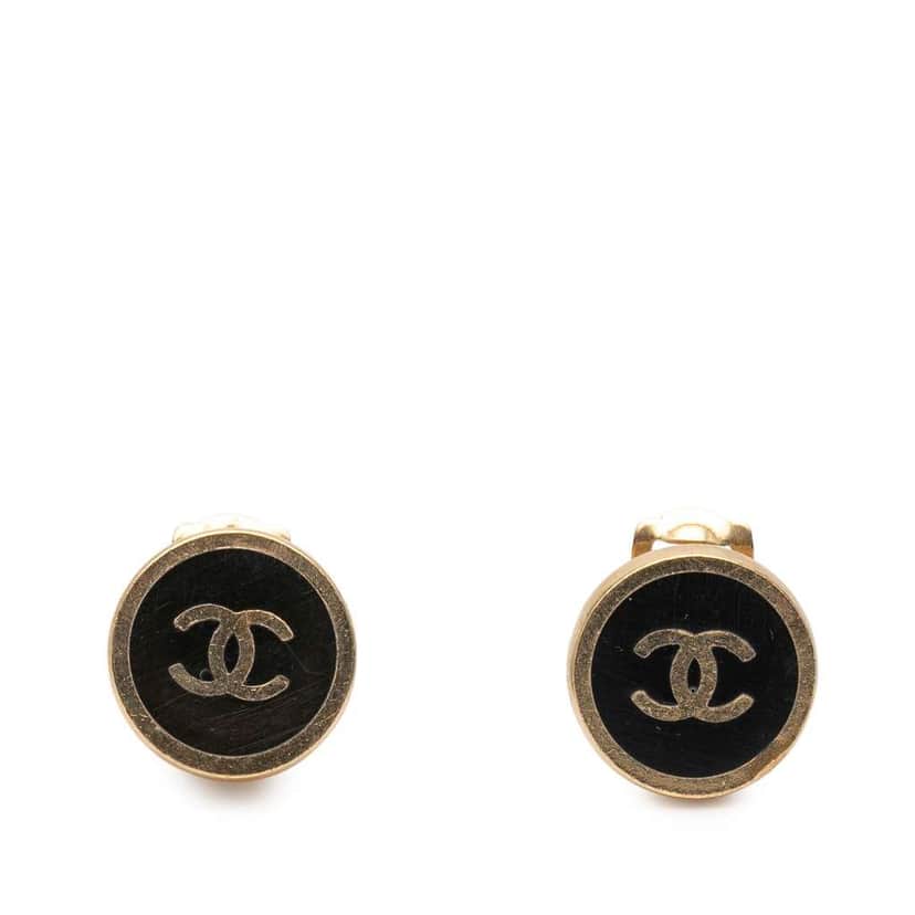 Chanel Gold Plated and Enamel CC Round Button Clip On Earrings Black Very good condition - Front View