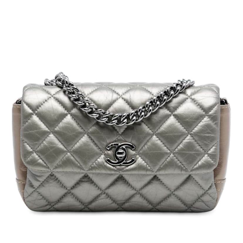 Chanel Mini Quilted Metallic Calfskin Lady Pearly Flap Brown Leather Good condition - Front View
