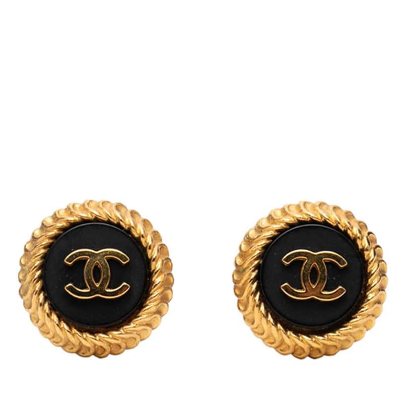 Chanel CC Gold Plated and Enamel Round Clip on Earrings Gold Metal Good condition - Front View