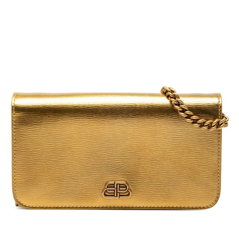 Balenciaga Metallic Leather BB Phone Holder with Chain Gold Leather Good condition - Front View
