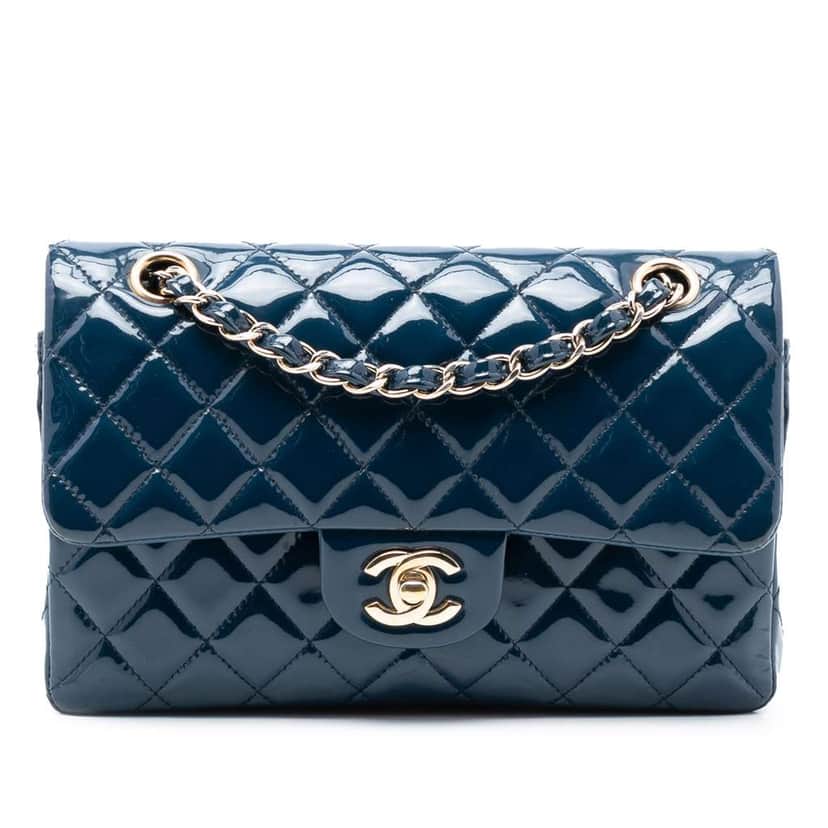 Chanel Small Classic Patent Double Flap Blue Leather Good condition - Front View