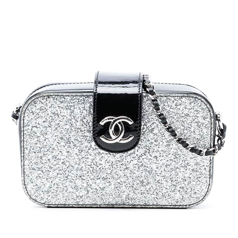 Chanel Glitter Patent Evening On The Moon Camera Case Silver Leather Good condition - Front View