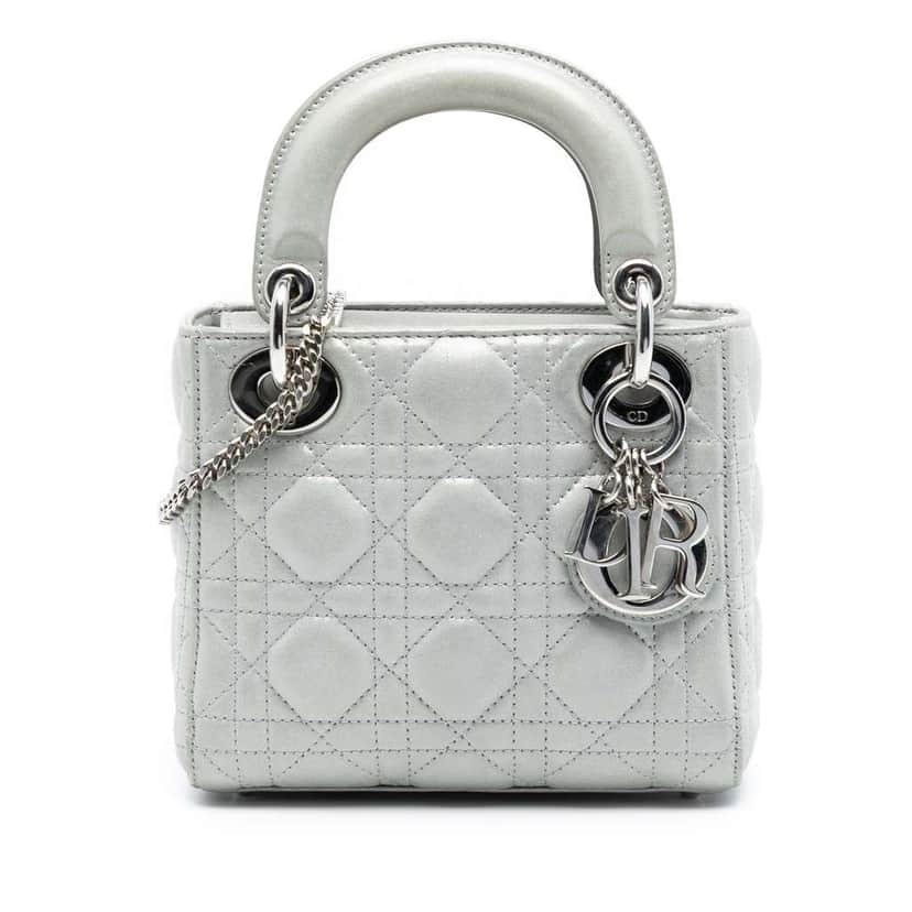 Dior Mini Iridescent Lambskin Cannage Lady Dior Silver Leather Good condition - Front View