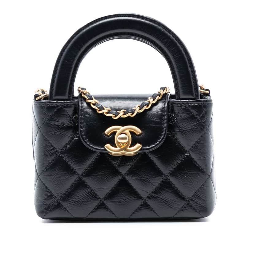 Chanel Mini Nano Aged Calfskin Kelly Shopper Bag Black Leather Very good condition - Front View