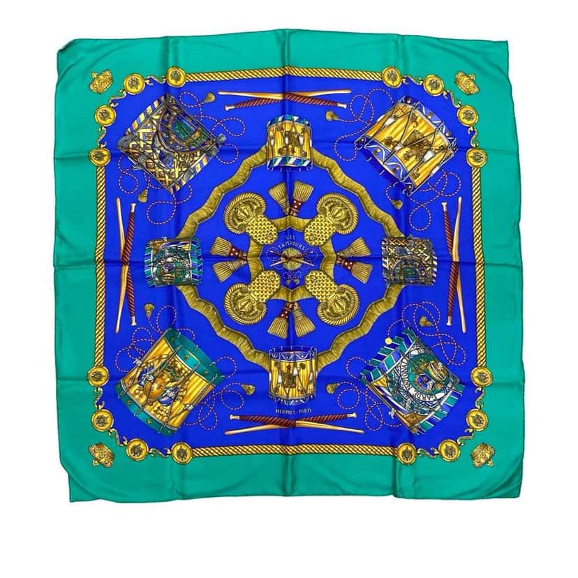 Hermès Les Tambours Silk Scarf Blue Silk Good condition - Front View
