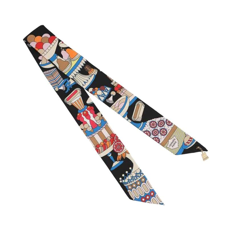 Hermès 20th Anniversary La Patisserie Francaise Charms Silk Twilly Scarf Black Silk Good condition - Front View