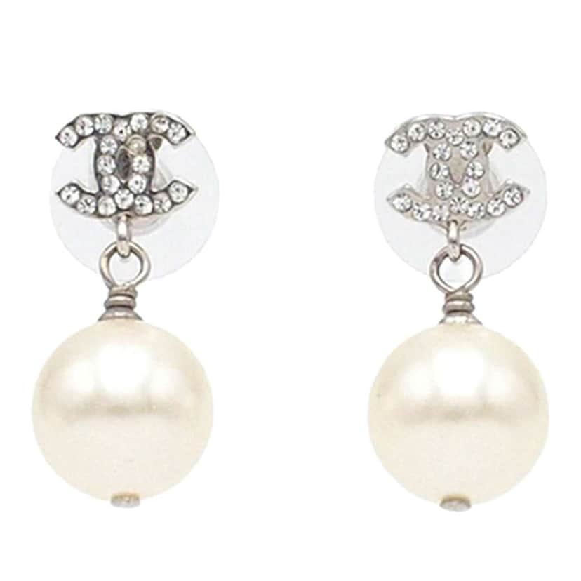 Chanel CC Silver Plated Crystal Faux Pearl Drop Push Back Earrings Silver Metal Good condition - Front View