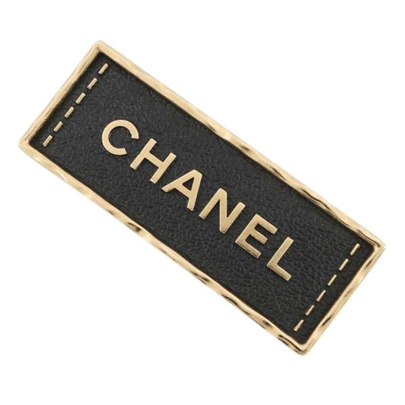 Chanel Gold Plated and Leather Logo Plate Brooch Gold Metal Good condition - Front View