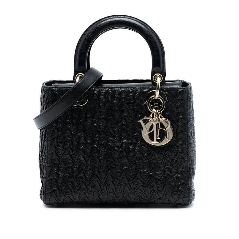 Dior Medium Wavy Crinkled Lambskin Lady Dior Black Leather Very good condition - Front View