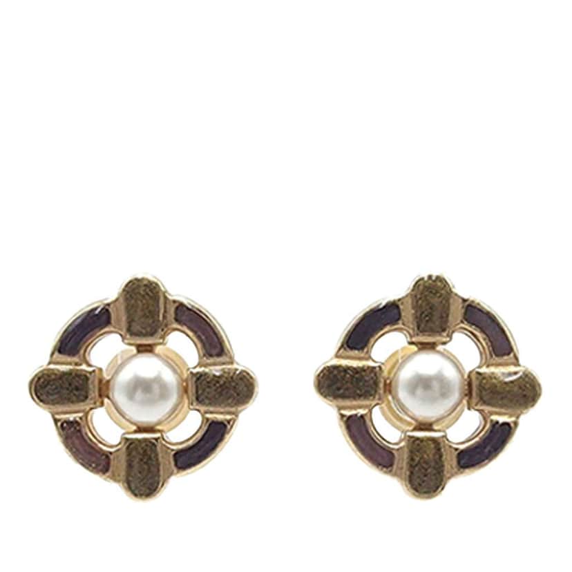 Chanel Gold Plated Enamel Maltese Cross and Faux Pearl Push Back Earrings Gold Metal Very good condition - Front View