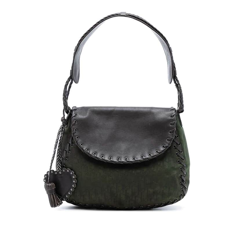 Dior Diorissimo Trotter Canvas and Leather Ethnic Flap Shoulder Bag Green Canvas Good condition - Front View