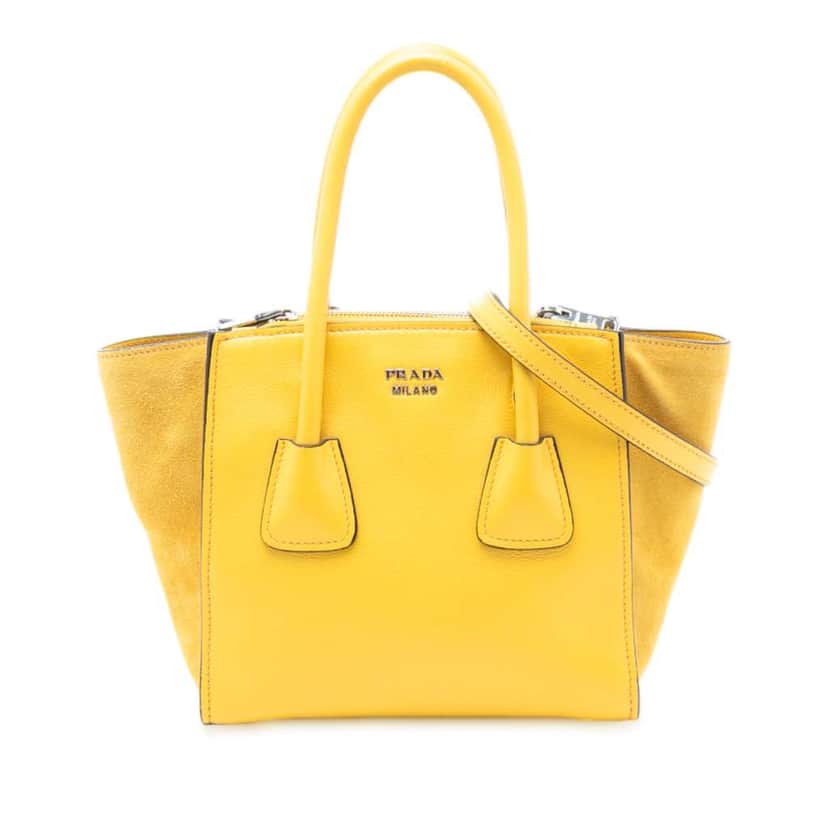 Prada Small Glace Calf Twin Pocket Satchel Yellow Leather Good condition - Front View