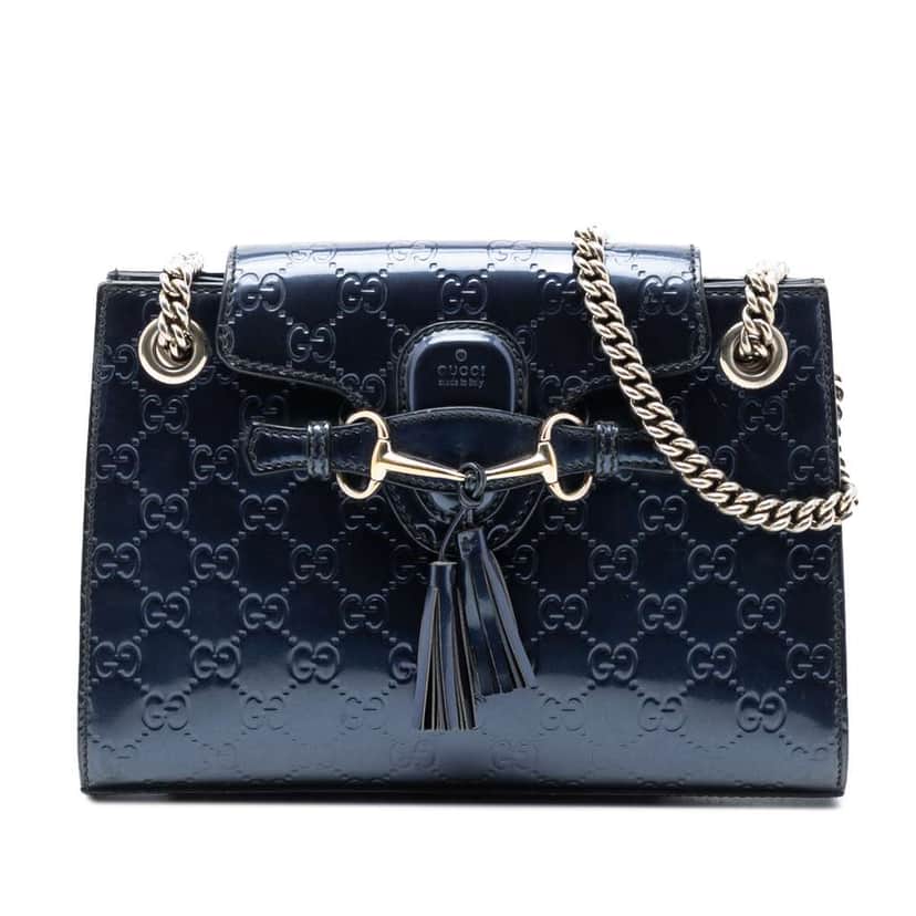 Gucci Small Guccissima Patent Emily Shoulder Bag Blue Leather Very good condition - Front View